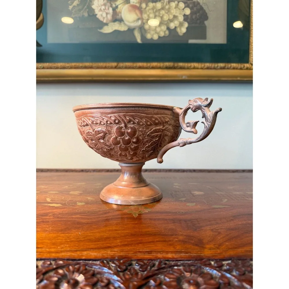 Vintage Copper-Tone Pedestal‎ Bowl with Dragon Handles